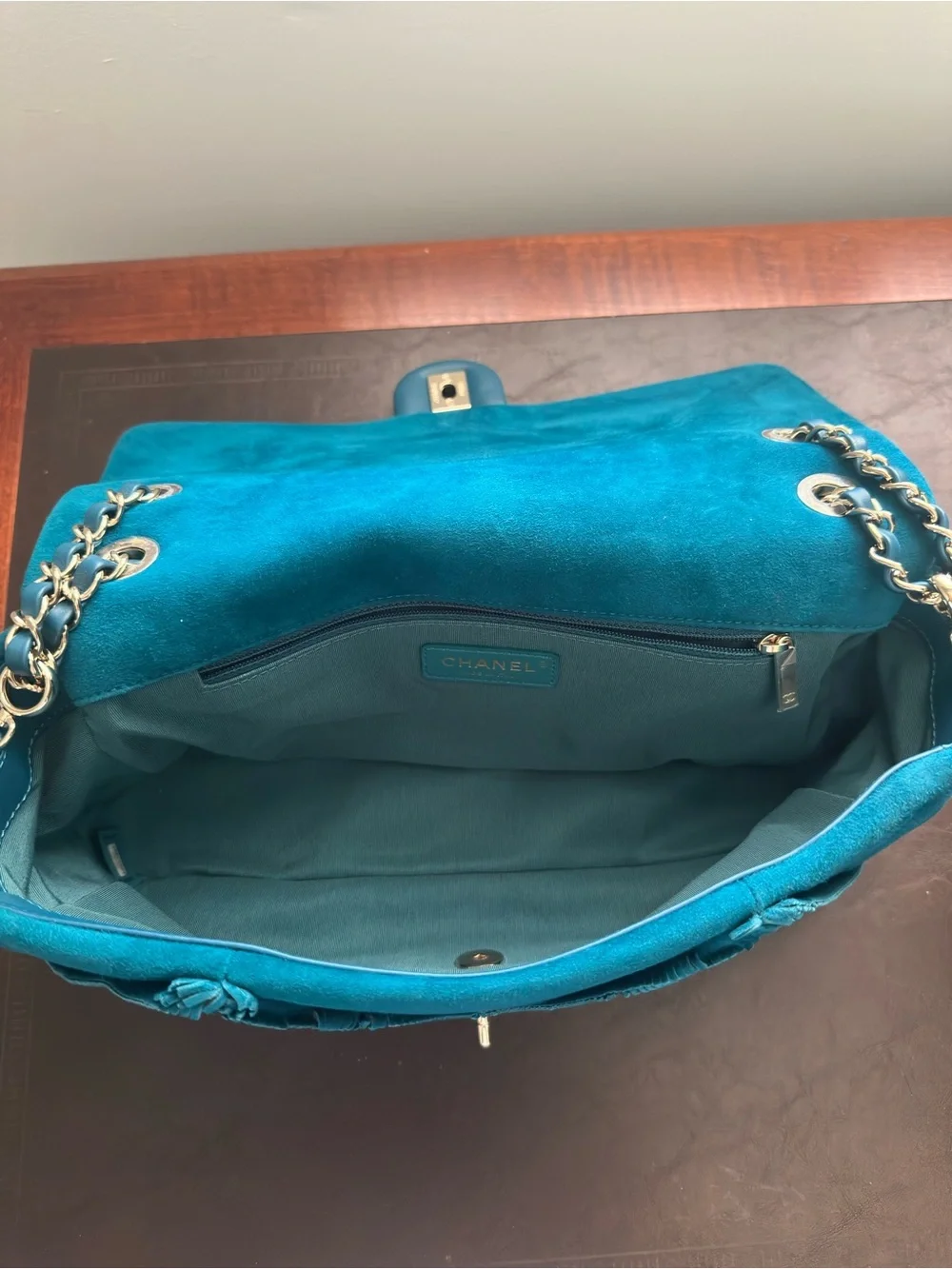 CHANEL Teal Suede Quilted Chain Shoulder Flap Bag